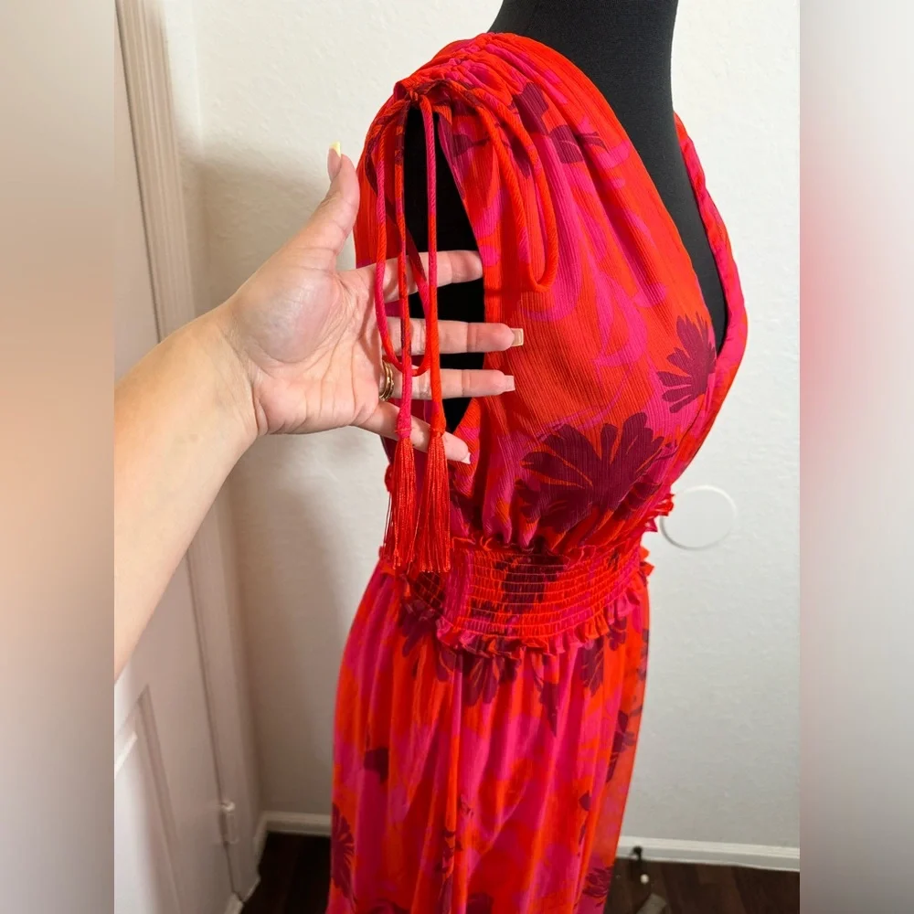 Red Pleated Tie Front Maxi Sundress - Picture 3 of 13